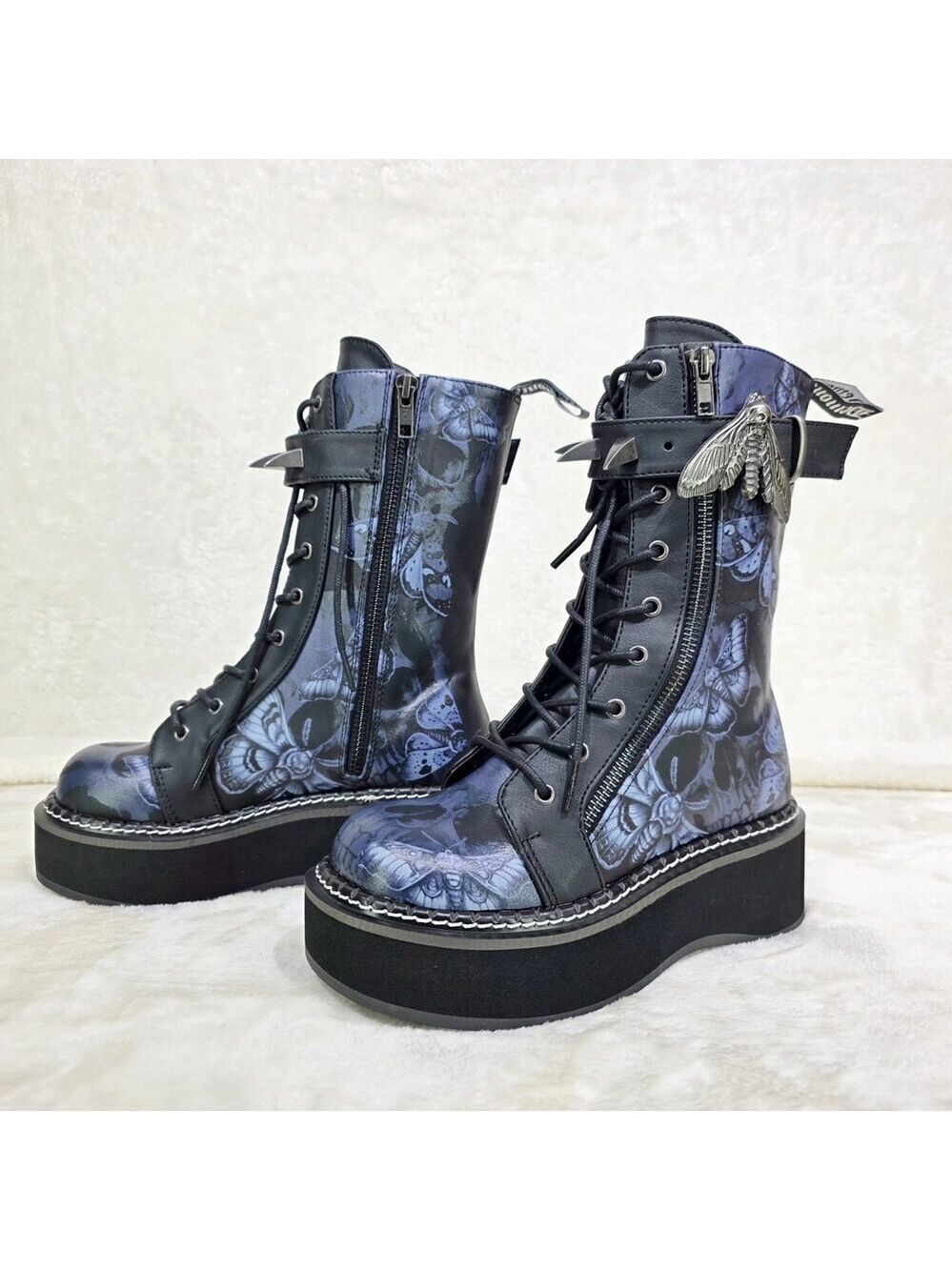NIB NEW DEMONIA Emily Death Moth Skull Graphic Platform Goth Punk Mid Calf Boots - Picture 12 of 16